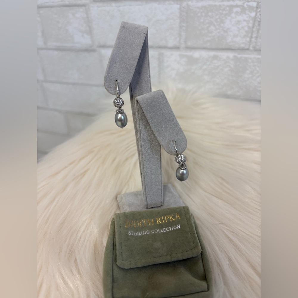 Judith Ripka Sterling Silver Grey Pearl Chandilear Earrings
